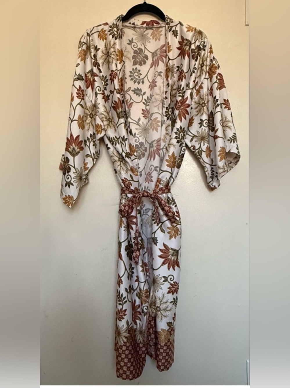 Floral Satin Kimono Robe in Cream, Rust & Olive